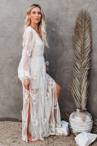 Langes Kleid Damen Boho Spitze V-Ausschnitt Hoher Schlitz
