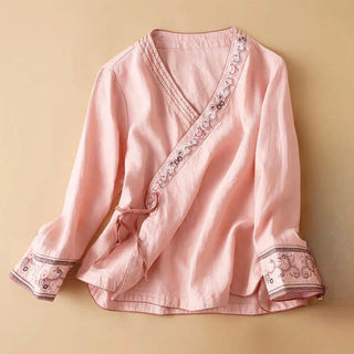 Lässige Langarm-Bluse für Damen mit Buddha- und Blumenstickereien