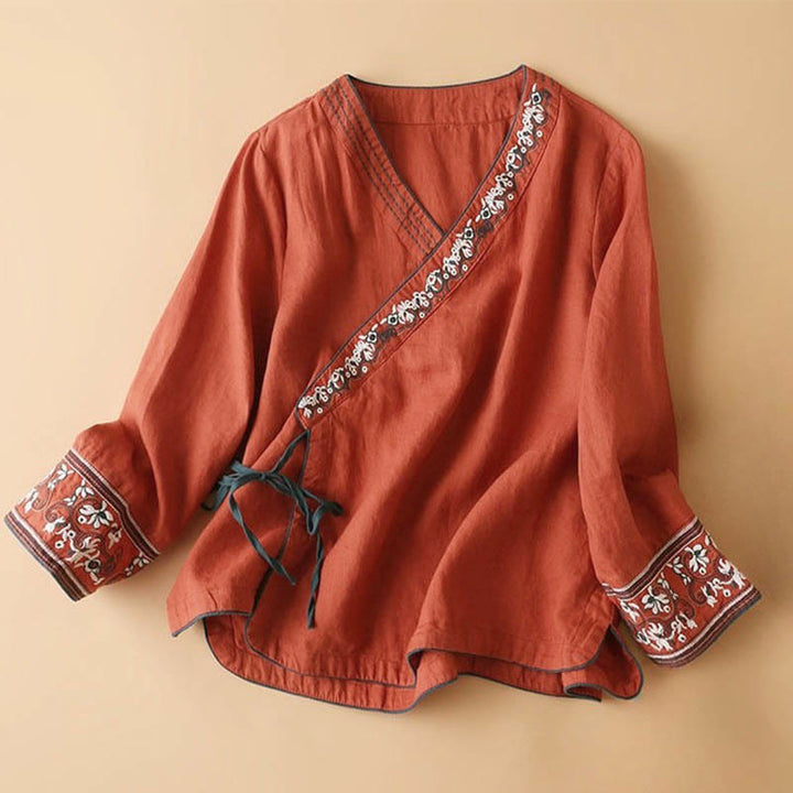 Lässige Langarm-Bluse für Damen mit Buddha- und Blumenstickereien