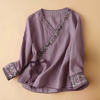 Lässige Langarm-Bluse für Damen mit Buddha- und Blumenstickereien