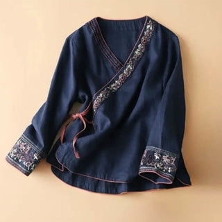 Lässige Langarm-Bluse für Damen mit Buddha- und Blumenstickereien