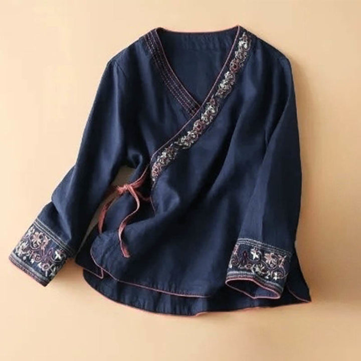 Lässige Langarm-Bluse für Damen mit Buddha- und Blumenstickereien