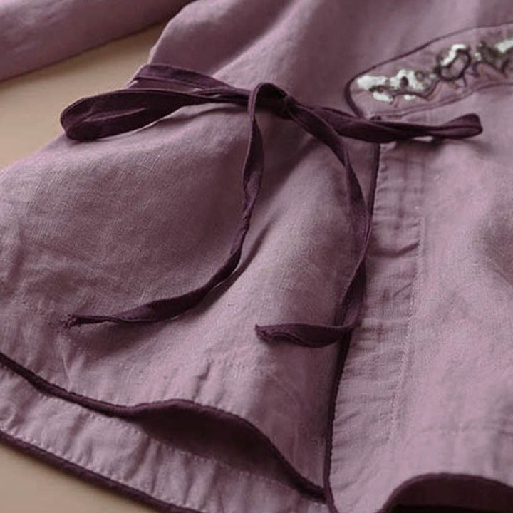 Lässige Langarm-Bluse für Damen mit Buddha- und Blumenstickereien