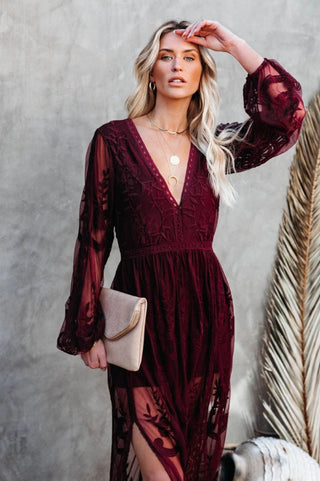 Langes Kleid Damen Boho Spitze V-Ausschnitt Hoher Schlitz