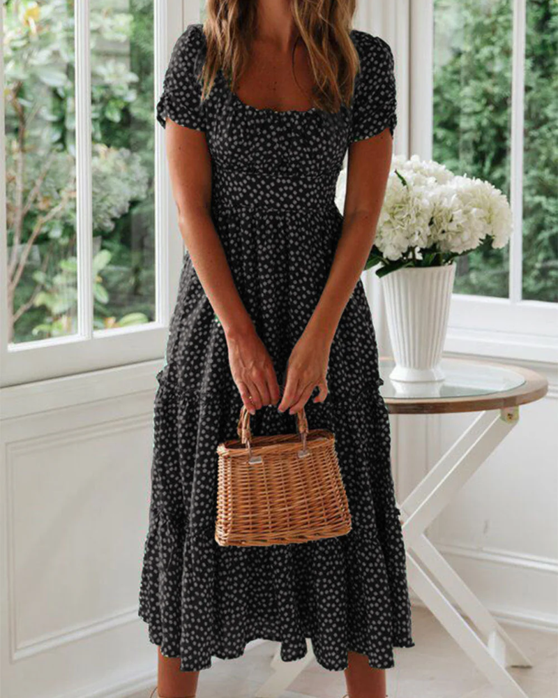 Sommerkleid Damen Midi Puffärmel Quadrat-Ausschnitt Freizeit
