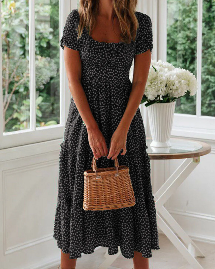Sommerkleid Damen Midi Puffärmel Quadrat-Ausschnitt Freizeit
