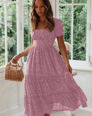 Sommerkleid Damen Midi Puffärmel Quadrat-Ausschnitt Freizeit