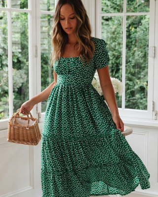 Sommerkleid Damen Midi Puffärmel Quadrat-Ausschnitt Freizeit