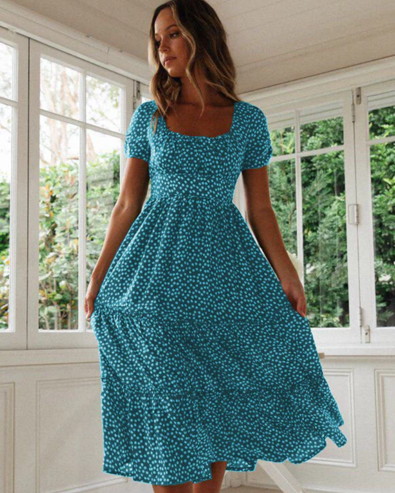 Sommerkleid Damen Midi Puffärmel Quadrat-Ausschnitt Freizeit