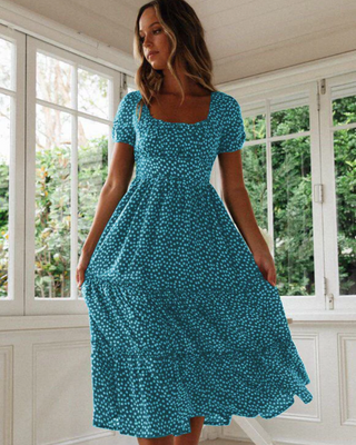 Sommerkleid Damen Midi Puffärmel Quadrat-Ausschnitt Freizeit