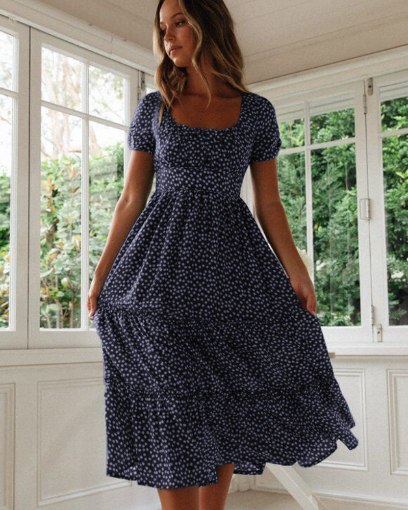 Sommerkleid Damen Midi Puffärmel Quadrat-Ausschnitt Freizeit