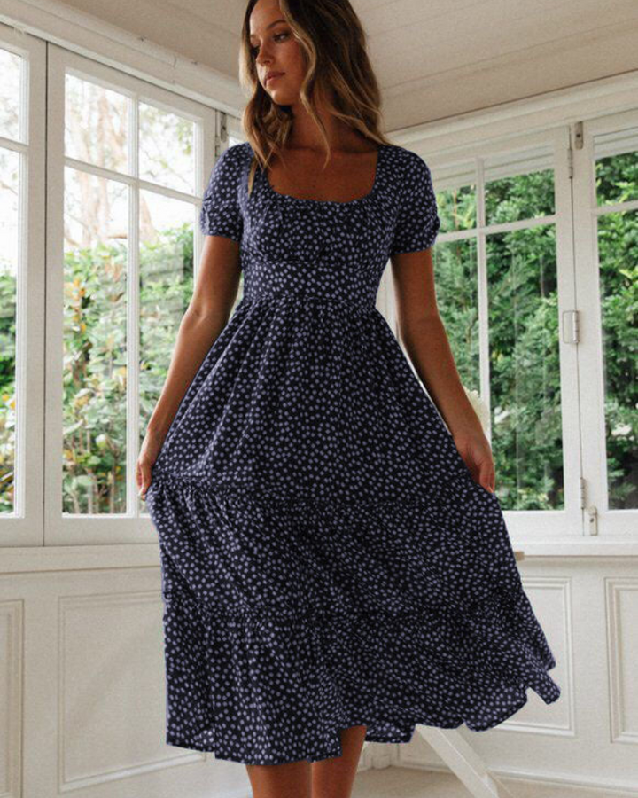 Sommerkleid Damen Midi Puffärmel Quadrat-Ausschnitt Freizeit