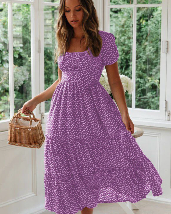 Sommerkleid Damen Midi Puffärmel Quadrat-Ausschnitt Freizeit