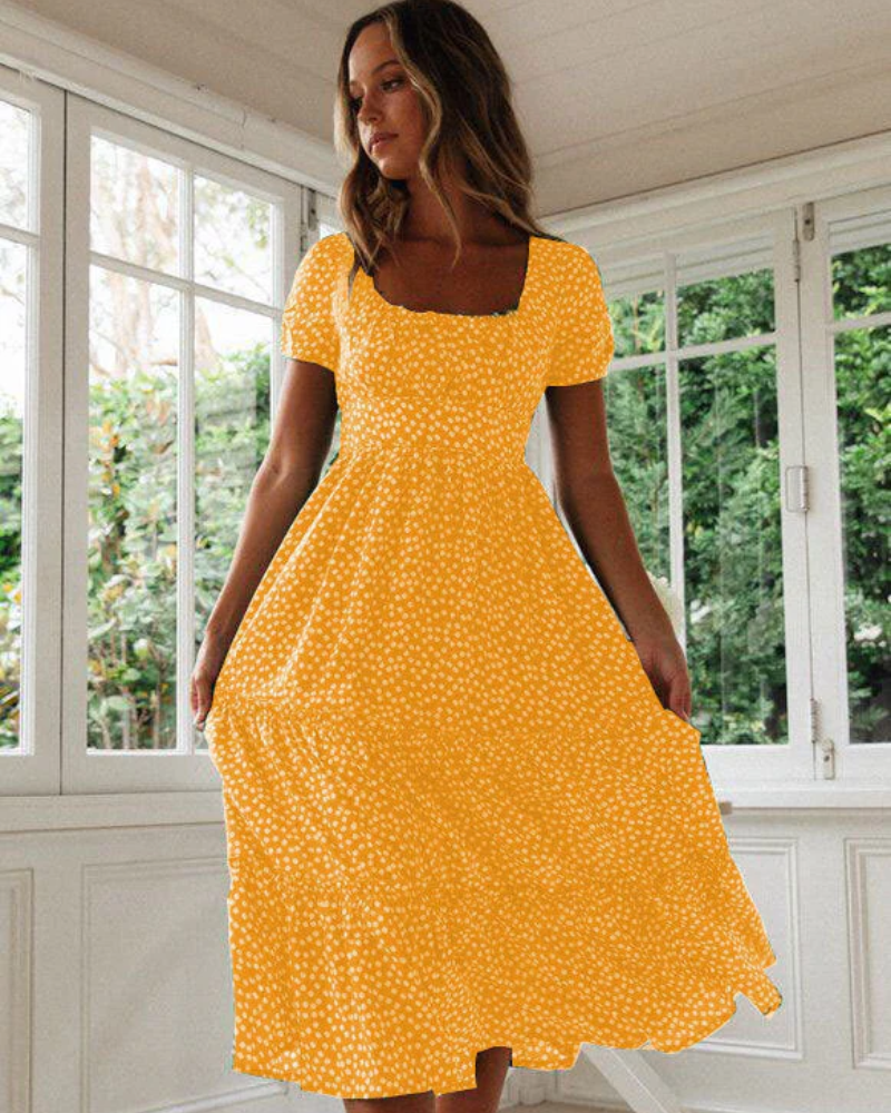 Sommerkleid Damen Midi Puffärmel Quadrat-Ausschnitt Freizeit