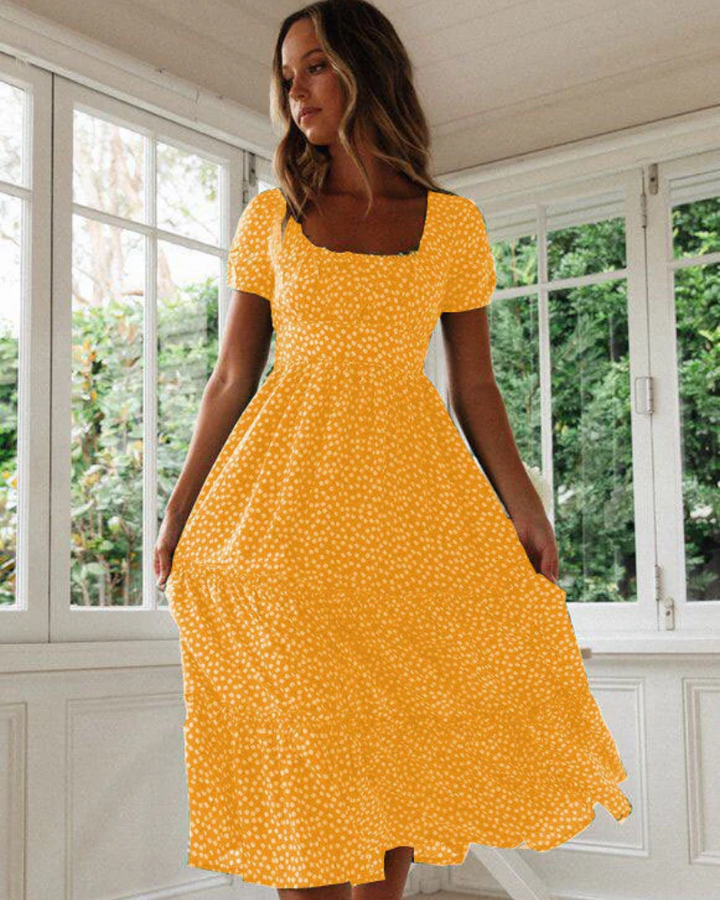 Sommerkleid Damen Midi Puffärmel Quadrat-Ausschnitt Freizeit