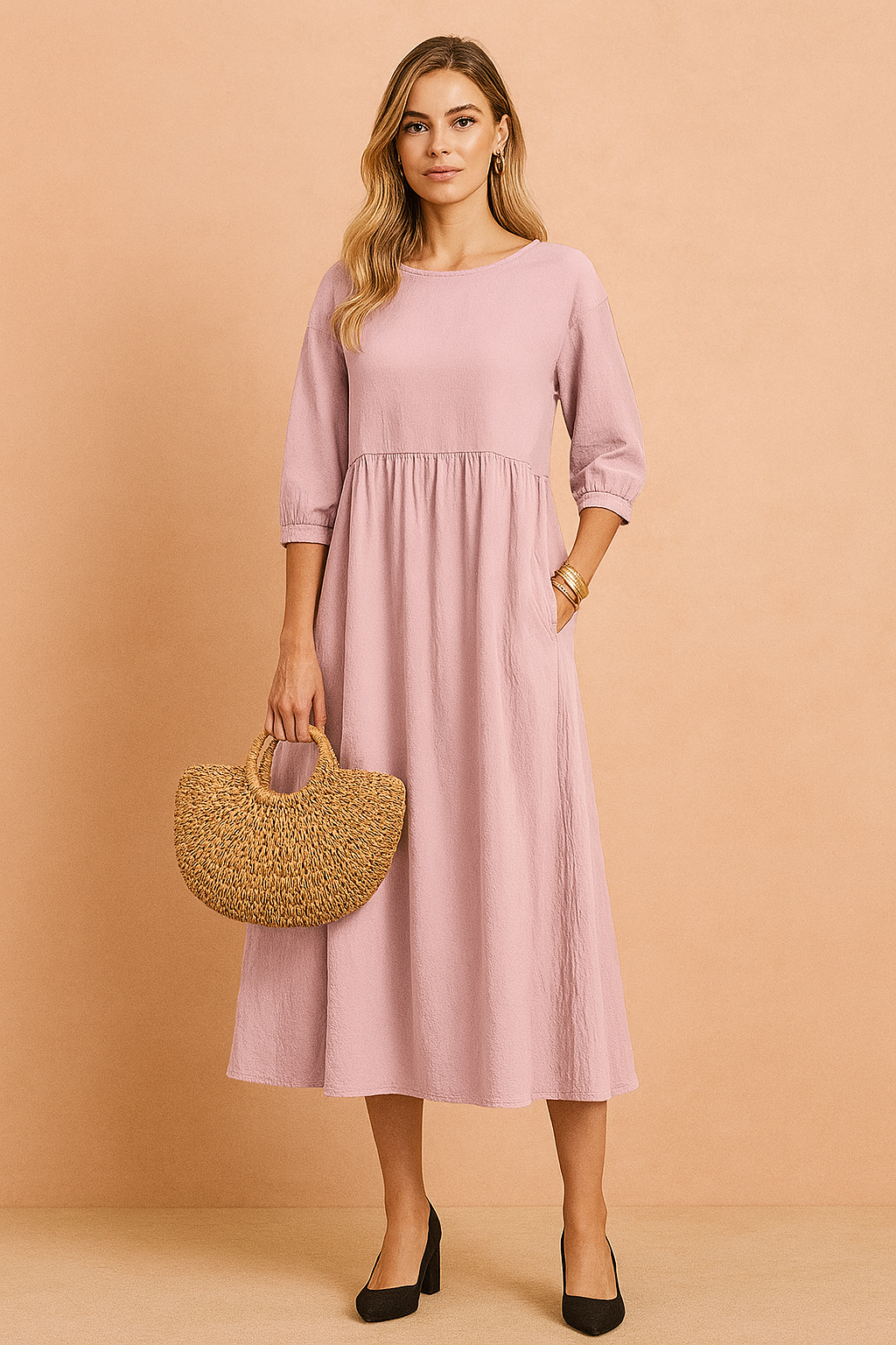 Midi Kleid Damen Elegant 3/4-Ärmel Business &amp; Freizeit