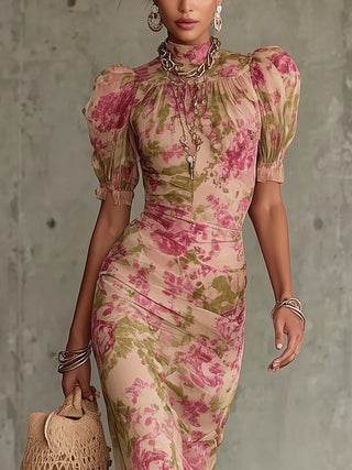 Maxikleid Damen Vintage Regular Fit Elegant mit Puffärmeln