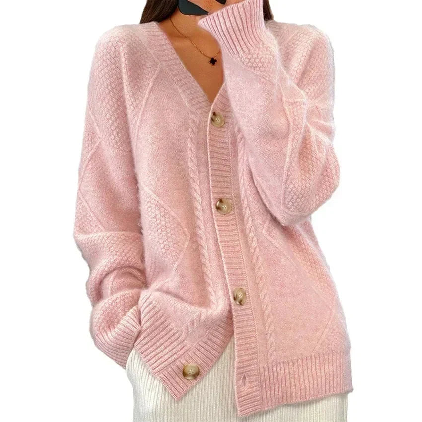 Aaliyah | Cardigan mit Knopfleiste, V-Ausschnitt und Diamantstrick-Detail