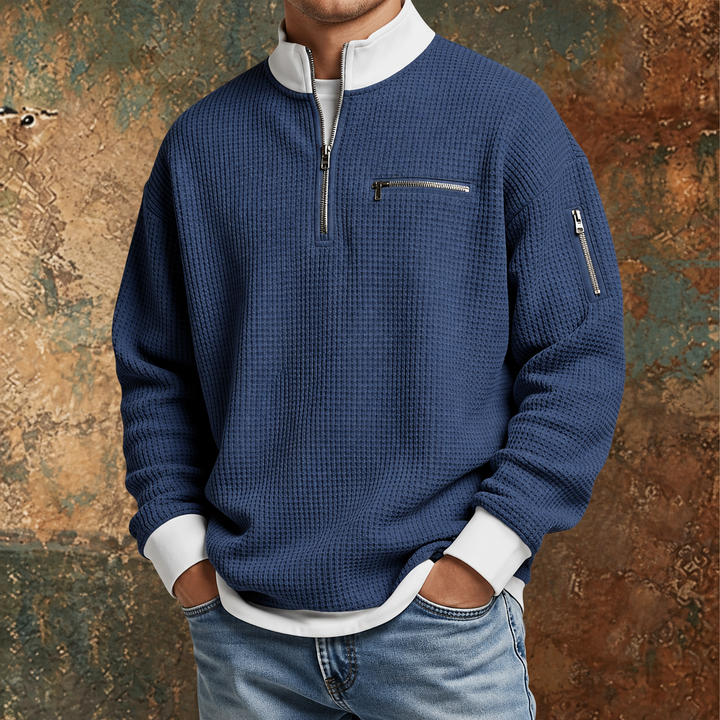 Thomas | Herren-Pullover mit Waffelstruktur und halbem Reißverschluss