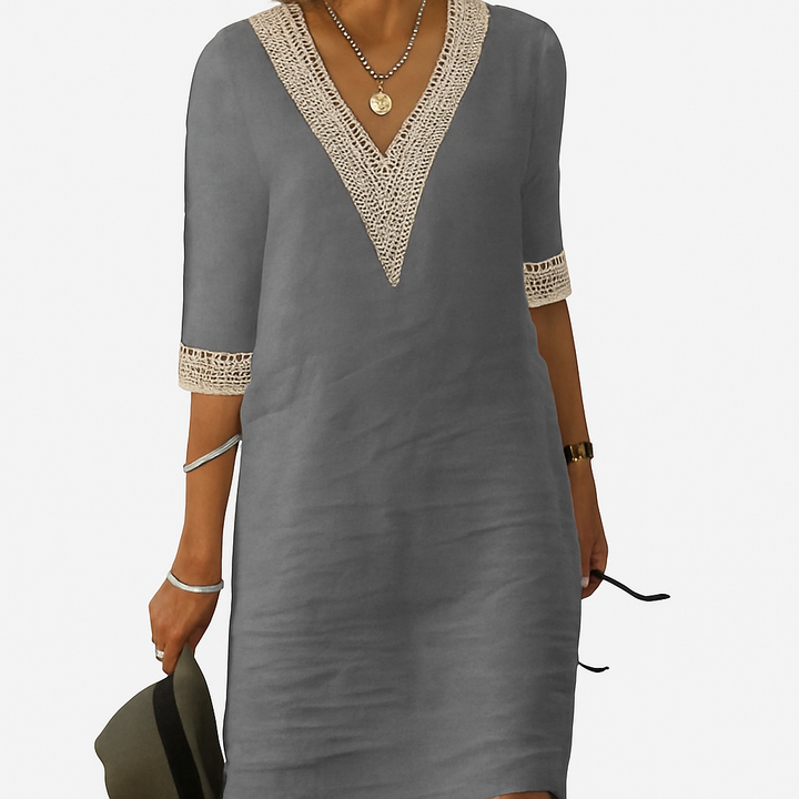 Sommerkleid Damen Relaxed Fit Freizeit V-Ausschnitt Spitze