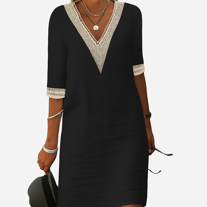 Sommerkleid Damen Relaxed Fit Freizeit V-Ausschnitt Spitze