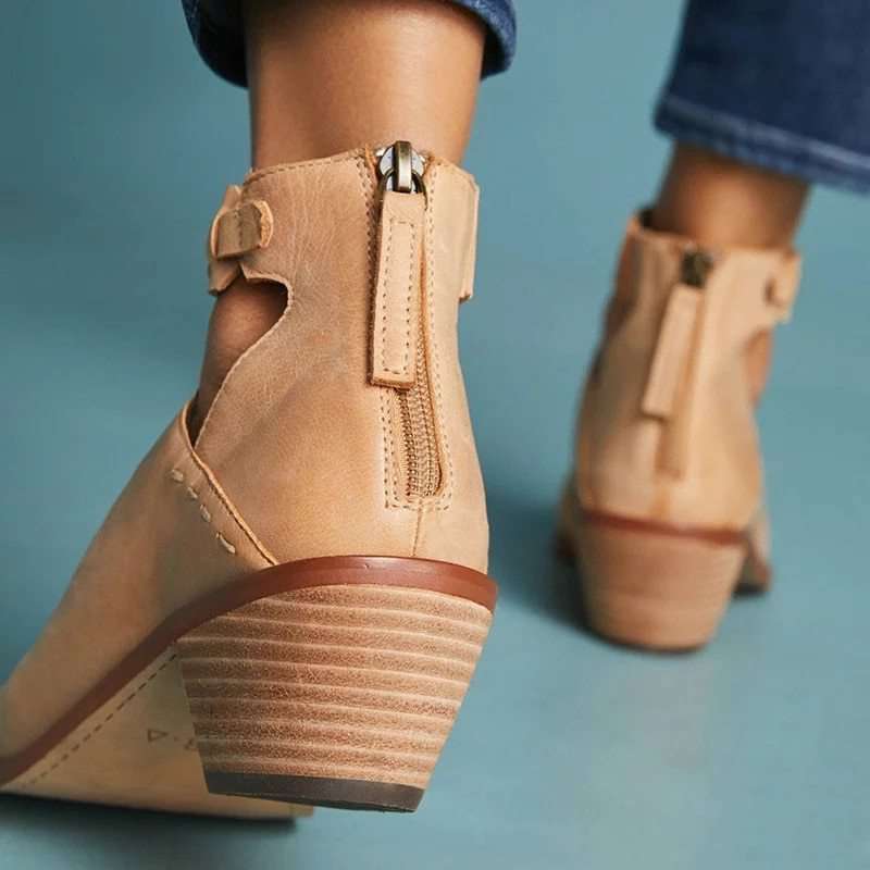 Damen Leder-Stiefelette mit Blockabsatz und Reißverschluss | Atmungsaktiv und Rutschfest für Optimalen Komfort