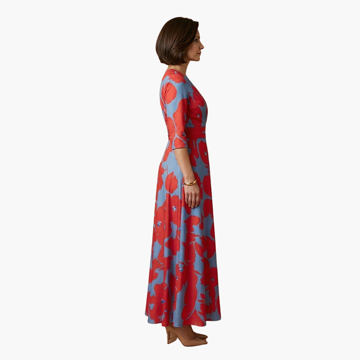 Damen Blumenkleid Elegant V-Ausschnitt Lang Freizeit