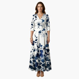 Damen Blumenkleid Elegant V-Ausschnitt Lang Freizeit