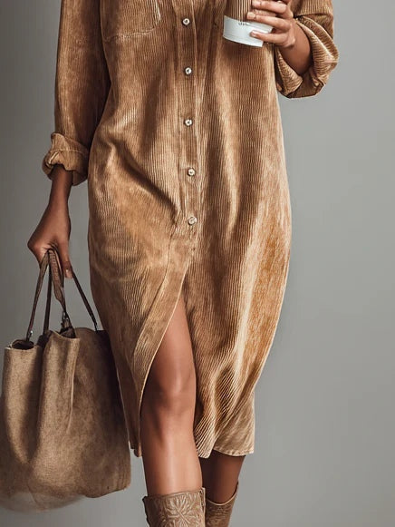 Béatrice | Midi Kleid aus Cord mit Taschen und einfacher Knopfleiste
