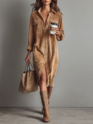 Béatrice | Midi Kleid aus Cord mit Taschen und einfacher Knopfleiste