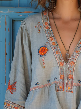Bluse Damen Boho Stickerei V-Ausschnitt Sommer Casual